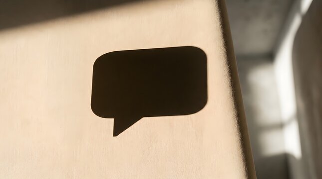 A striking minimalist depiction of a dark speech bubble against a textured light colored surface evoking communication and dialogue in a simple