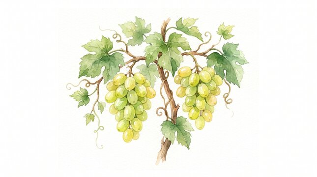 Watercolor green grape bunches on a vine with leaves,
