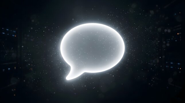This luminous speech bubble rendered in a glowing ethereal white evokes communication dialogue and the power of expression in a dark modern