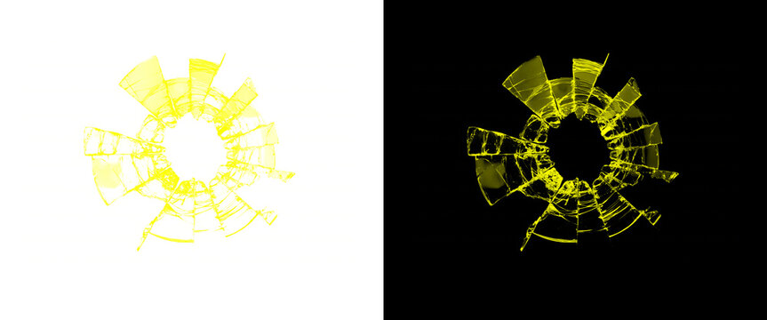 Yellow shattered glass hole effect on white and black backgrounds