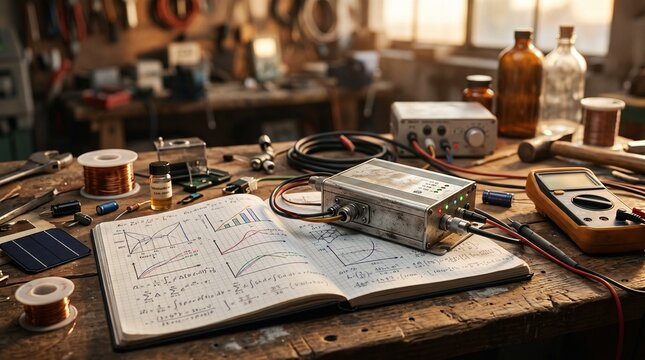 Vintage electronics workbench with handwritten notes, tools, and testing gear.
