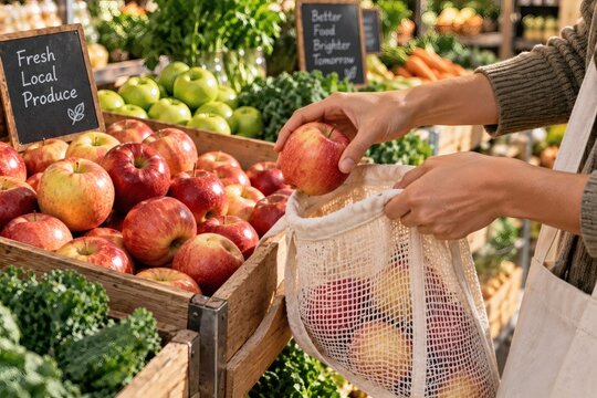 Hands Filling a Reusable Cotton Produce Bag with Fresh Apples