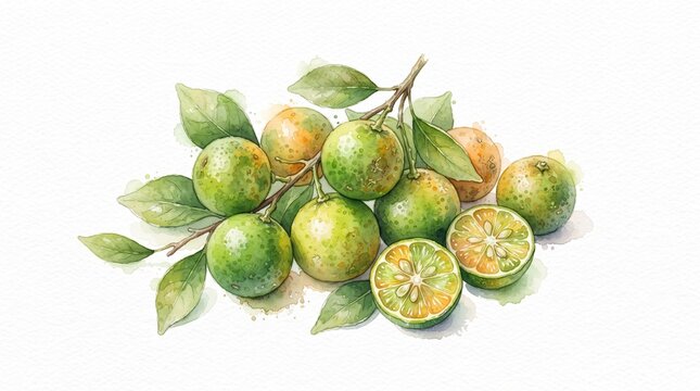Fresh citrus and calamansi fruit watercolor illustration