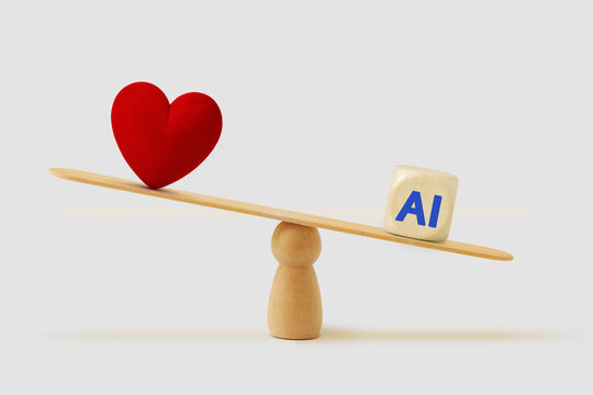 Balance scale with heart and ai icon - Concept of prioritizing technology and artificial intelligence over love and human emotions
