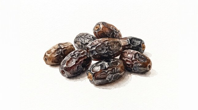 Watercolor illustration of dried dates, suitable for Ramadan packaging, Islamic greeting cards, health blogs, and recipe books.