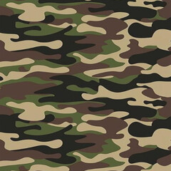 Fototapeta premium Military camouflage pattern featuring earthy green black and brown organic shapes for outdoor gear.