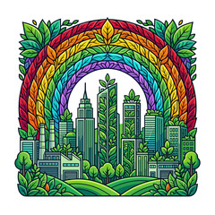 Obraz premium Vibrant eco friendly green city skyline illustration framed by a colorful leaf patterned rainbow arch.