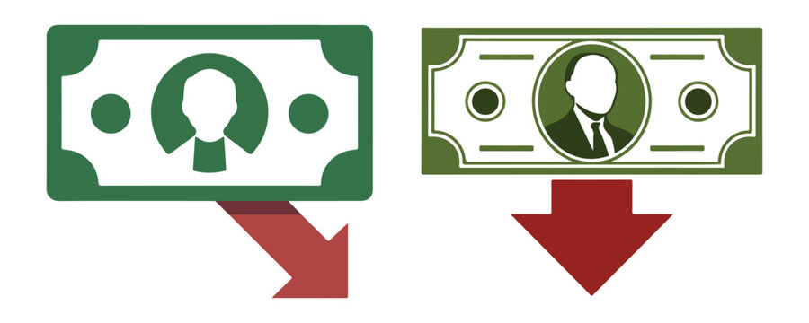 Green money bill icons with red downward arrows indicating financial loss or decreased value.