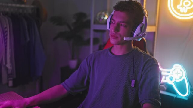 Young man wearing white gaming headset raises middle finger and leans in a neon lit studio with gaming controller sign and chair visible; playful defiance.