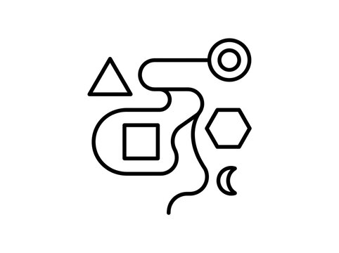 Minimalist geometric shapes connected with winding black lines
