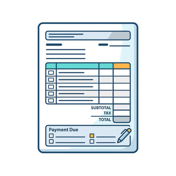A stylized vector illustration of a financial invoice document with subtotal tax and total fields.