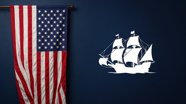 Patriotic columbus day banner featuring usa flag and caravel icon
