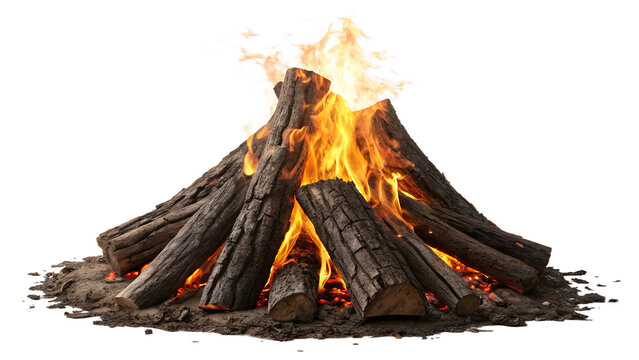 Burning Campfire Wooden Logs with Flames Isolated on White Background   