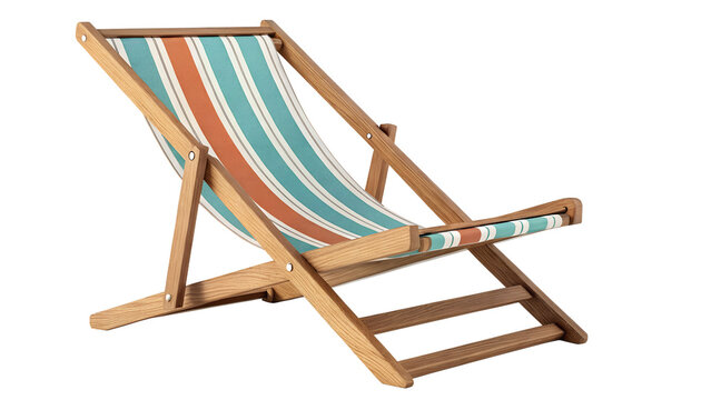 Foldable Wooden Striped Beach Deck Chair Isolated on White Background   