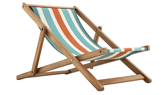 Foldable Wooden Striped Beach Deck Chair Isolated on White Background   