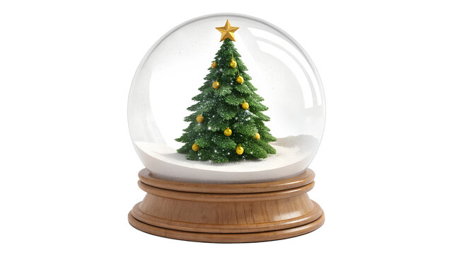 Christmas Snow Globe with Decorated Tree and Wooden Base Isolated on White Background   