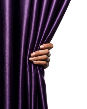 A hand gently pulling aside a rich purple satin curtain to reveal a blank white background, symbolizing an upcoming show, theatrical reveal, or hidden secret.
