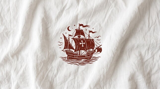 Columbus day vintage sailing ship illustration on white textile