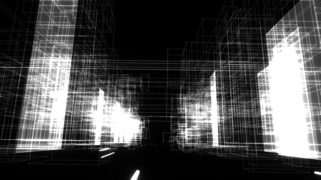 Abstract Wireframe Futuristic City Fly Through with Glowing Light Trails