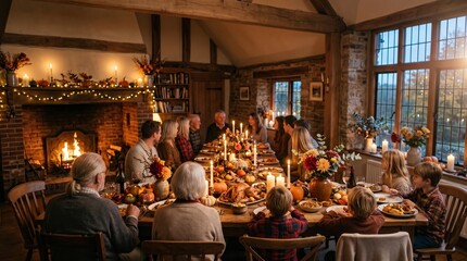 Fototapeta premium A family gathered around a beautifully set Thanksgiving table with autumn decorations. Concept emphasizes tradition, togetherness, and festive dining, ideal for holiday marketing. Generative AI.