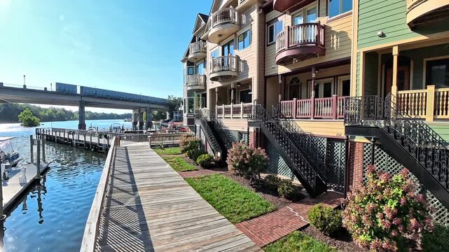  Steady video movement presents waterfront facade and its surroundings across Occoquan Virginia.
