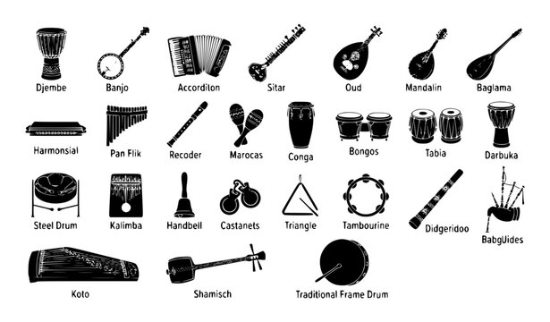 Traditional Folk and World Musical Instruments Black Silhouette Vector Collection Featuring Banjo Accordion Djembe Sitar Oud Drums and Strings