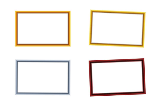 Set of rectangular picture frames in gold silver and dark wood styles isolated on transparent background.