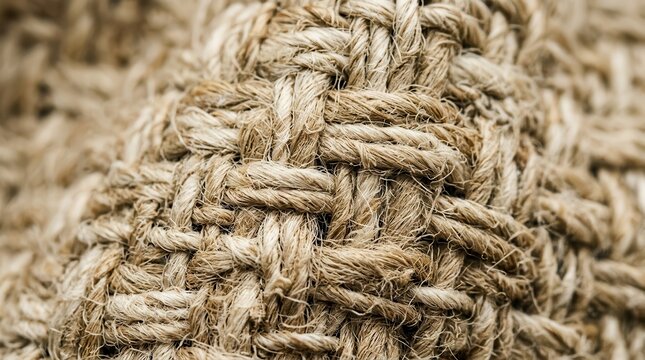 Close up view of a coarse woven burlap fabric texture showing natural brown fibers intertwined in a rustic textile pattern