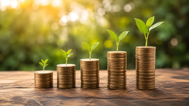 Conceptual image of money coins growing into a green plant representing successful financial investment and sustainable business growth