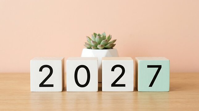 Year 2027 displayed on wooden white blocks with a succulent plant on a table calendar year desktop decor future planning number blocks home office pastel background modern decor plant pot