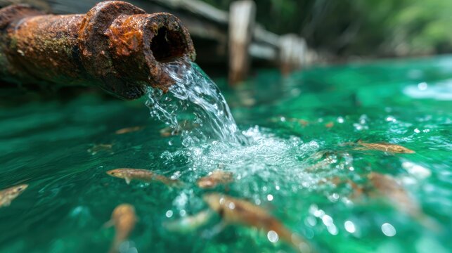 A close-up shot of fresh water flowing from a rusty pipe into a crystal-clear river, highlighting the contrast between nature's purity and industrial decay.