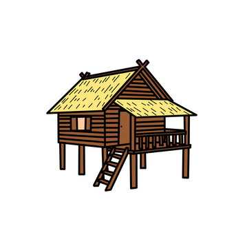 Traditional wooden stilt house doodle vector illustration isolated on white background