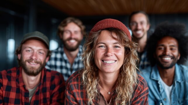 A happy group of friends with diverse appearances smiles warmly at the camera in a cozy indoor setting, exemplifying friendship, connection, and the joy of shared moments.