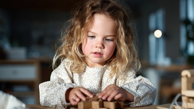 A young girl deeply concentrated on building a structure with wooden blocks, highlighting her creativity and focus in a warm, inviting indoor space filled with natural light.