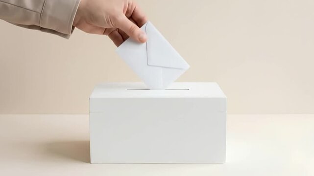 Person hand putting white envelope ballot into white ballot box for voting and democracy election on neutral background