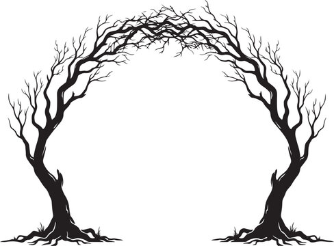 Symmetrical bare trees archway vector illustration.