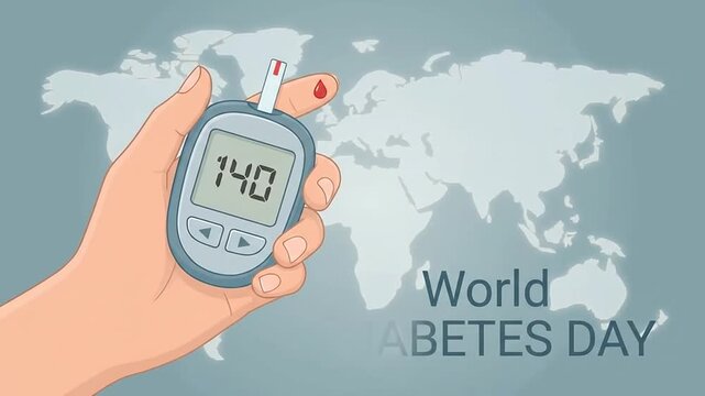 Hand holding a glucometer displaying blood sugar level of 140 with a blood droplet for World Diabetes Day campaign against a world map background