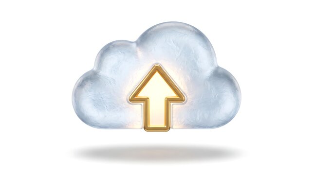 3D glossy cloud icon with glowing golden upload arrow representing cloud computing and data backup