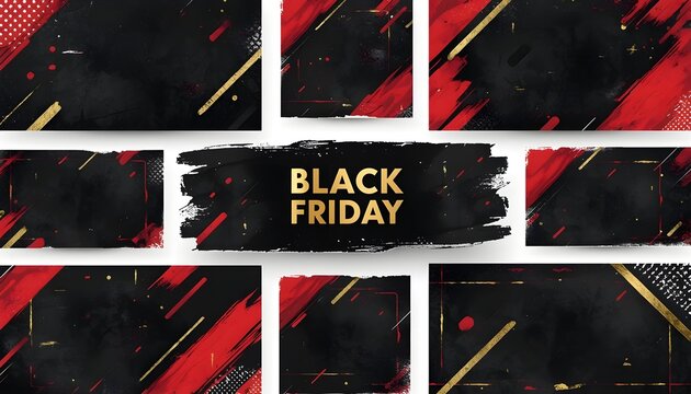 Vibrant Black Friday promotional banner collection, multiple unique horizontal banner shapes arranged in a dynamic layered composition, bold black and deep red grunge textures, torn paper edges.