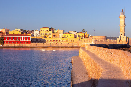 Chania Lighthouse at Sunrise in Old Venetian Harbor, Crete, Greece
