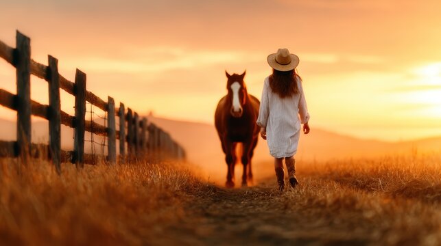A woman in a white dress walks alongside a horse during golden hour, capturing the bond between humans and animals against a stunning sunset backdrop.