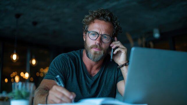 A focused businessman with curly hair and glasses, deeply engaged in a phone call while taking notes in a modern workspace, reflecting dedication and professionalism.