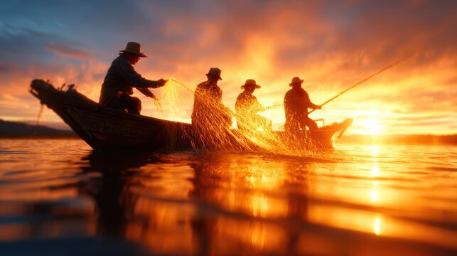 Silhouetted fishermen cast their nets into a tranquil river, creating a stunning visual against the backdrop of a vibrant sunset, symbolizing community, tradition, and the beauty of nature.