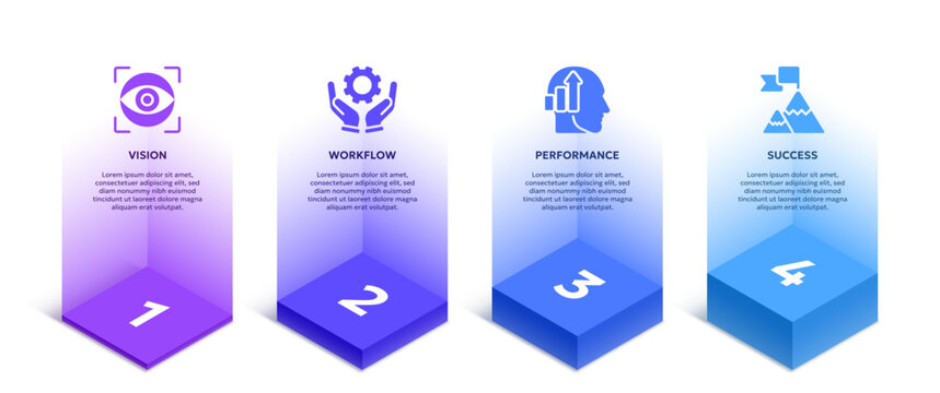 Vector illustration of 4 business core values related to vision, workflow, performance, success. Modern infographic or presentation design template