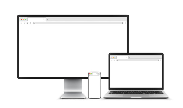 Vector illustration of monitor, laptop, mobile phone with empty white web browser tab on screen. Realistic mockup or template, isolated on white background