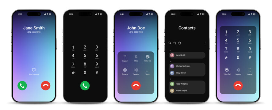 Realistic vector mockup of mobile phone user interface. Smartphone contacts, incoming call, keypad and keyboard screens. Mobile app template isolated on white background