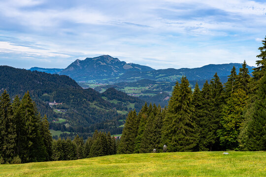 Beautiful panorama view of Allgaeu Alps with Gruenten massif from  Sollereck on hiking path on sunny summer day, Oberstdorf, Bavaria, Germany