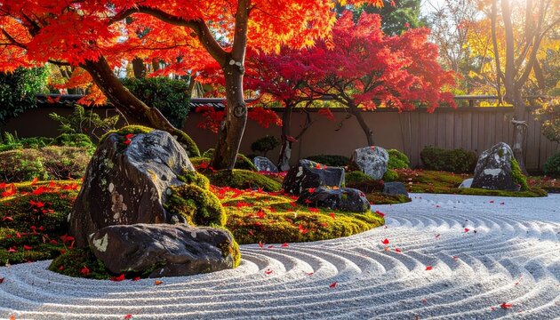 京都の禅寺を彷彿とさせる秋の枯山水庭園。美しく描かれた砂紋と鮮やかな落葉した紅葉のハイパーリアルな生成AI写真