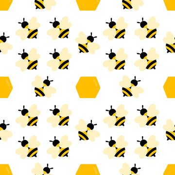 Flying bee seamless pattern. Cartoon bumblebee pattern background. Summer and spring seamless pattern with bee characters. Honey bee seamless background