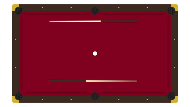 Burgundy pool table with cue ball and cues top view. Flat vector mockup perfect for game room designs, pool hall graphics, and casino-themed projects